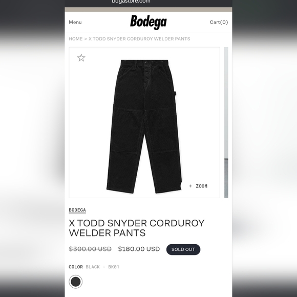 Bodega x Todd Snyder 34 x 32 Corduroy Welder Pant Lined Work Black